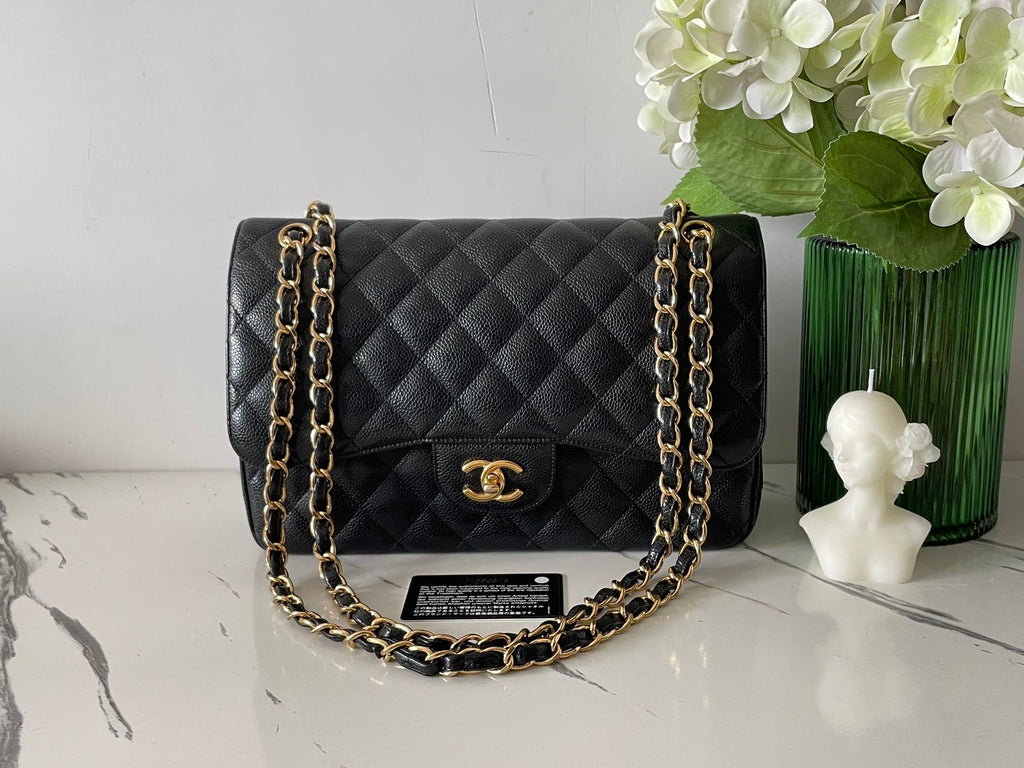 Chanel Black Jumbo Classic Double Flap Bag Caviar Leather with Gold Hardware