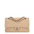 Chanel Beige Classic Double Flap Bag Medium in Quilted Caviar Leather with Silver Hardware