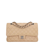 Chanel Beige Classic Double Flap Bag Medium in Quilted Caviar Leather with Silver Hardware