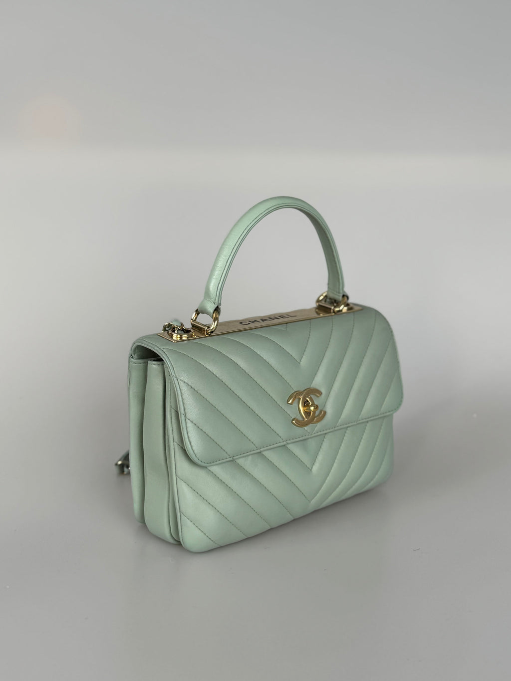 CHANEL Lambskin Chevron Quilted Small Trendy CC Dual Handle Flap Bag Light Green