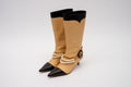 Chanel Beige/ Black W Envy Quilted Leather Logo Charm Chains Camellia Flower Boots/Booties