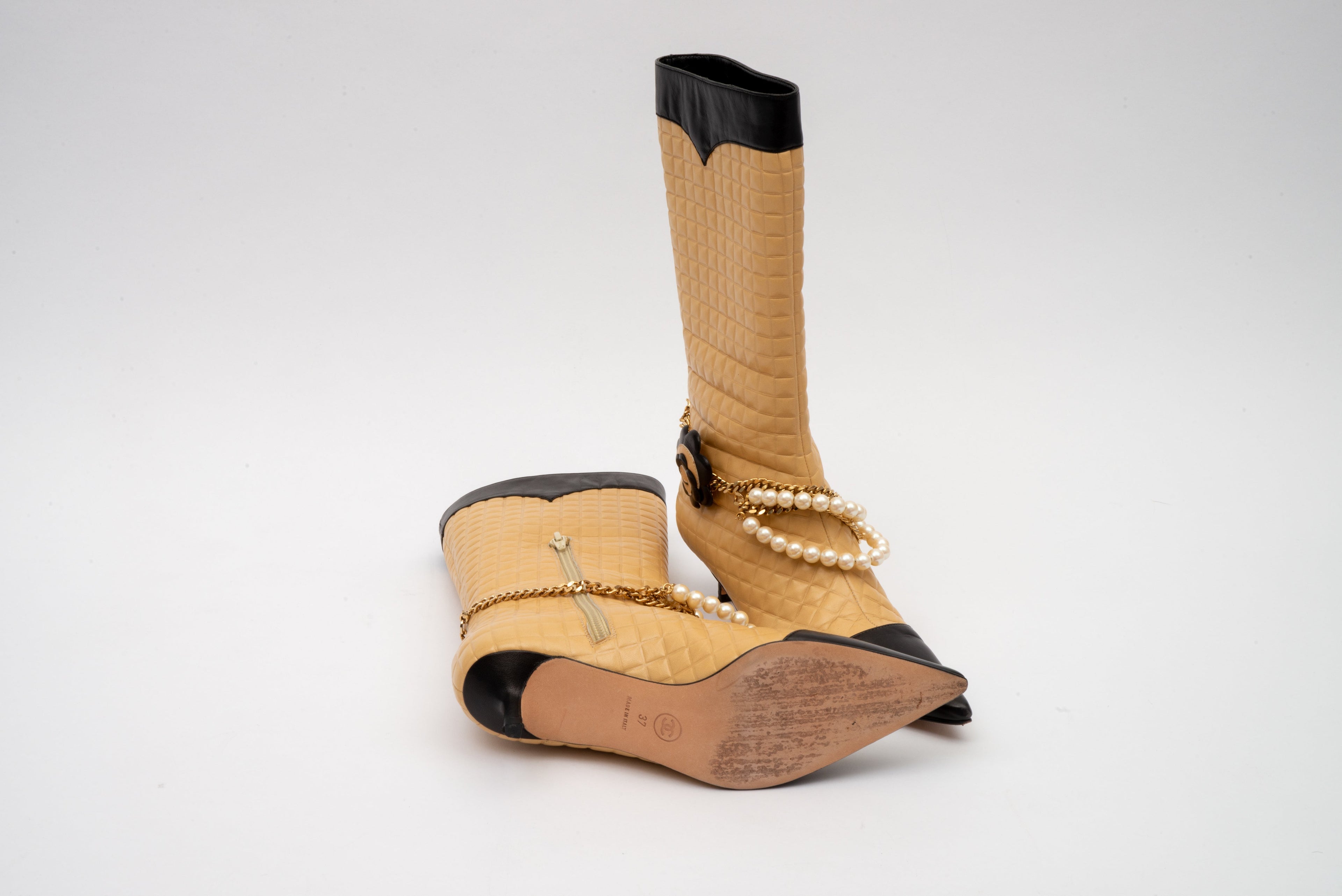 Chanel Beige/ Black W Envy Quilted Leather Logo Charm Chains Camellia Flower Boots/Booties