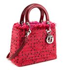 Dior Red Patent & Pink Tweed Embellished Medium Lady Dior Bag