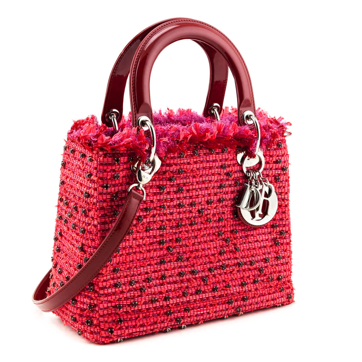 Dior Red Patent & Pink Tweed Embellished Medium Lady Dior Bag