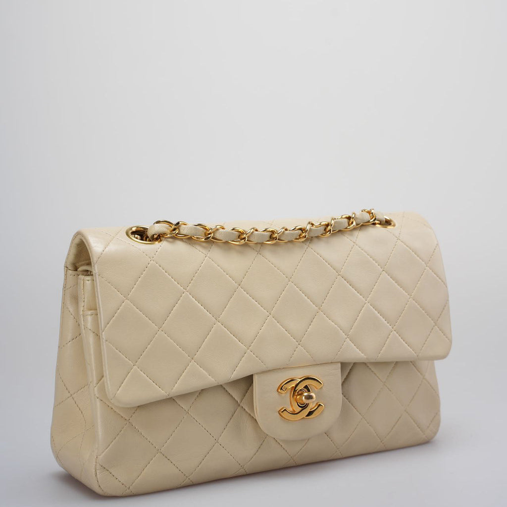 Chanel Vintage Small Classic Double Flap Bag in Beige with 24K Gold Hardware