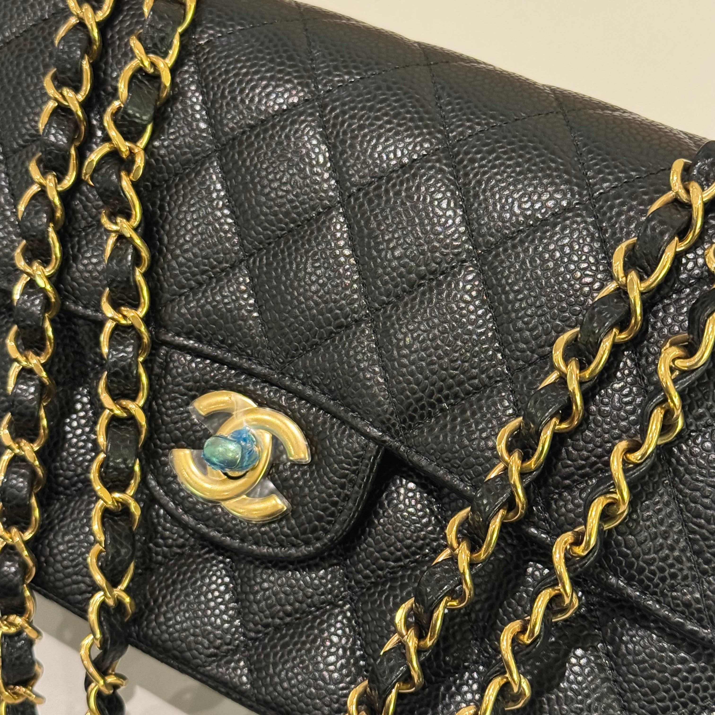 CHANEL CF SMALL BLACK CAVIAR LEATHER WITH GOLD HARDWARE – MICROCHIP MODEL