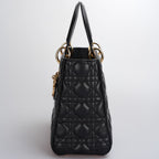 Christian Dior Black Medium Lady Dior Bag in Cannage Lambskin Leather with Gold Hardware