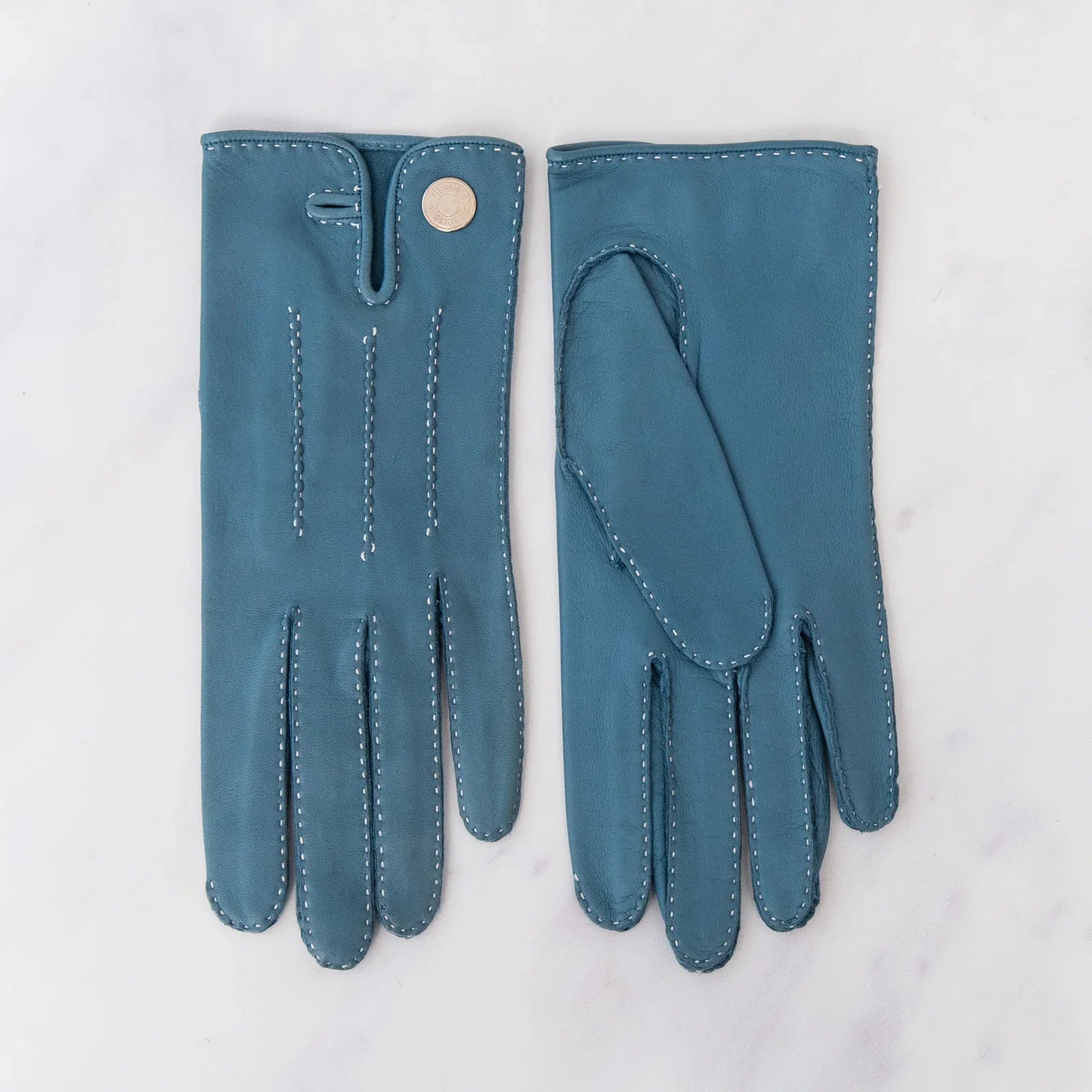 Hermes Blue Jean Leather Clou de Selle Gloves