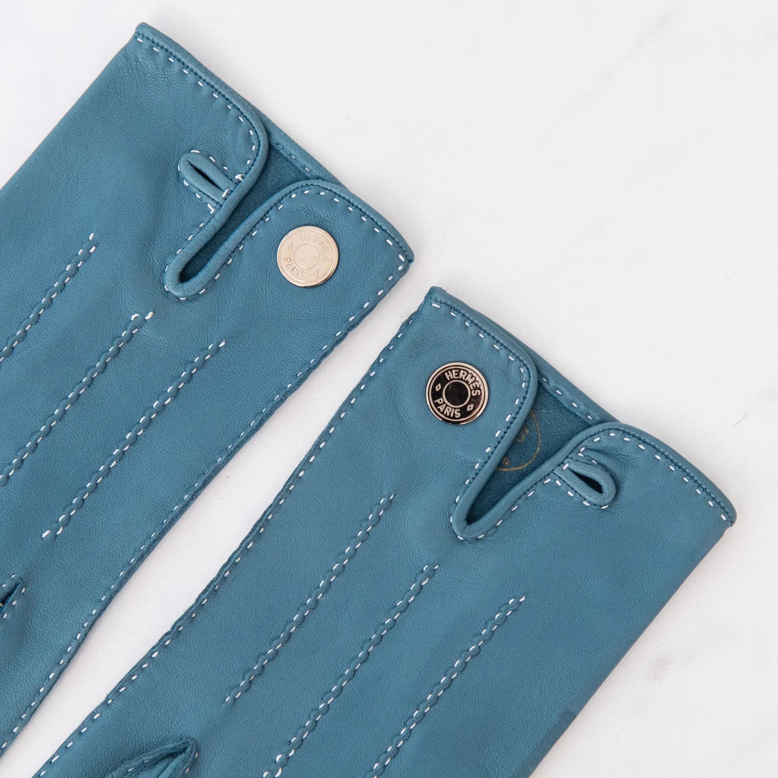 Hermes Blue Jean Leather Clou de Selle Gloves