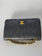 Chanel Vintage Stoff Timeless Flap Bag Black Medium 24k Gold Hardware