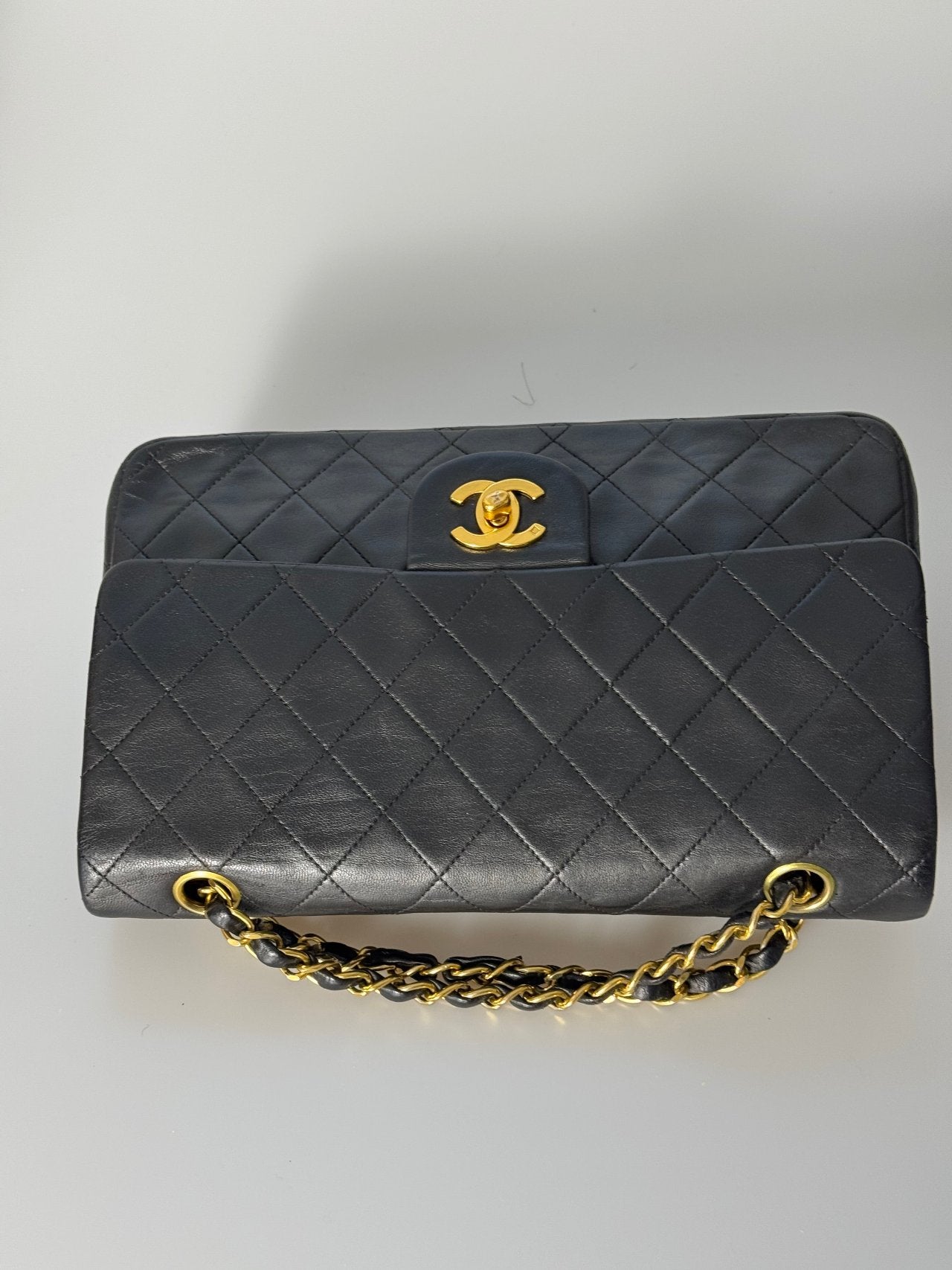 Chanel Vintage Stoff Timeless Flap Bag Black Medium 24k Gold Hardware