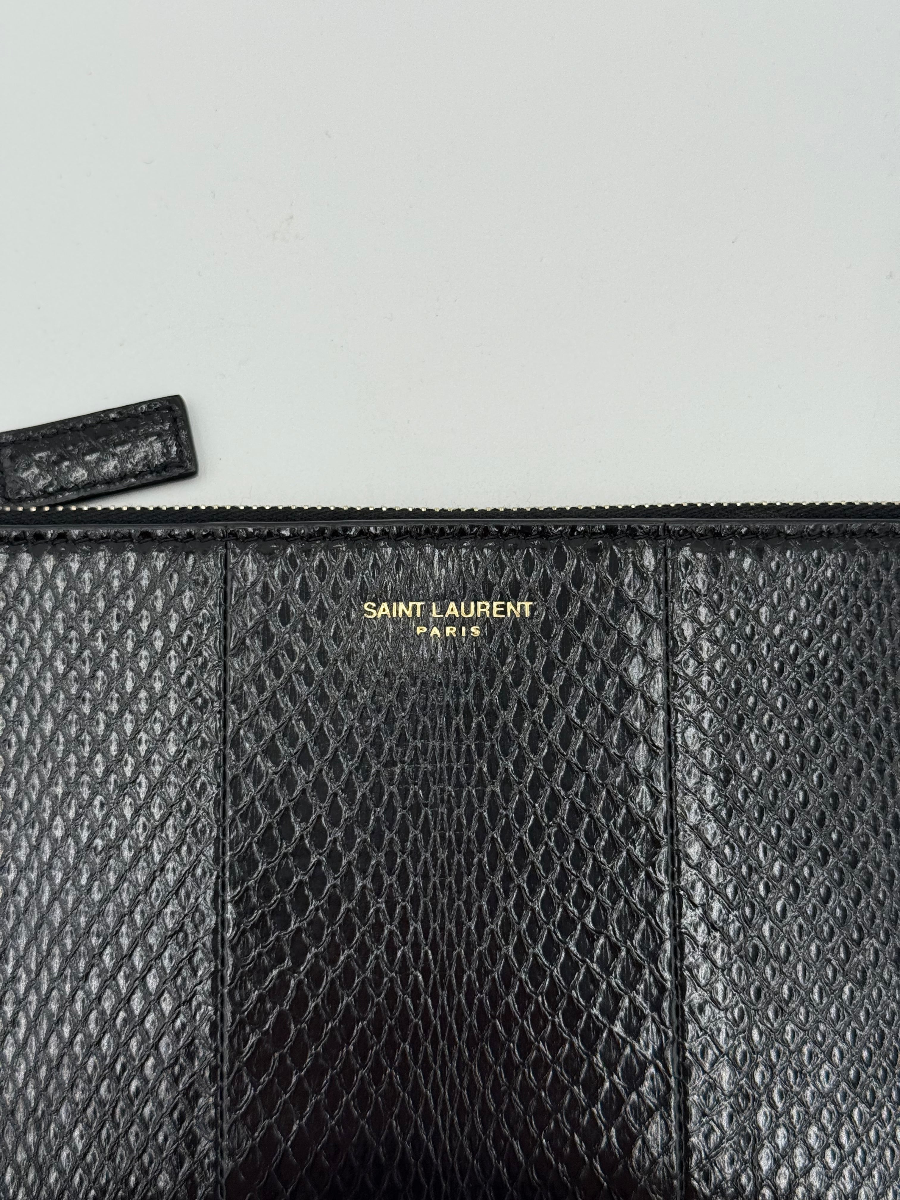 Clutch Luxury Designer By Yves Saint Laurent In Black & Gold, Size:Small