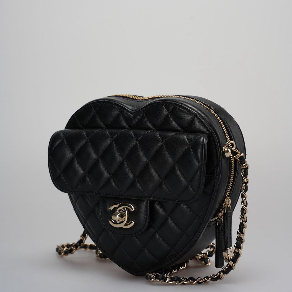 Chanel Lambskin Quilted CC In Love big Heart Clutch With Chain in Black
