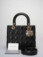 Christian Dior Black Medium Bag in Cannage Lambskin Leather with Gold Hardware