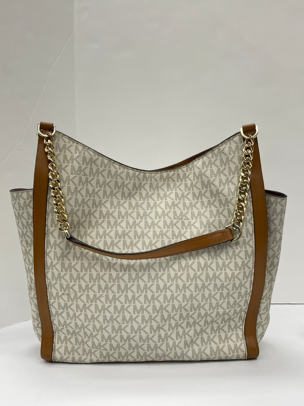 Handbag Designer By Michael Kors In Tan & White, Size:Large