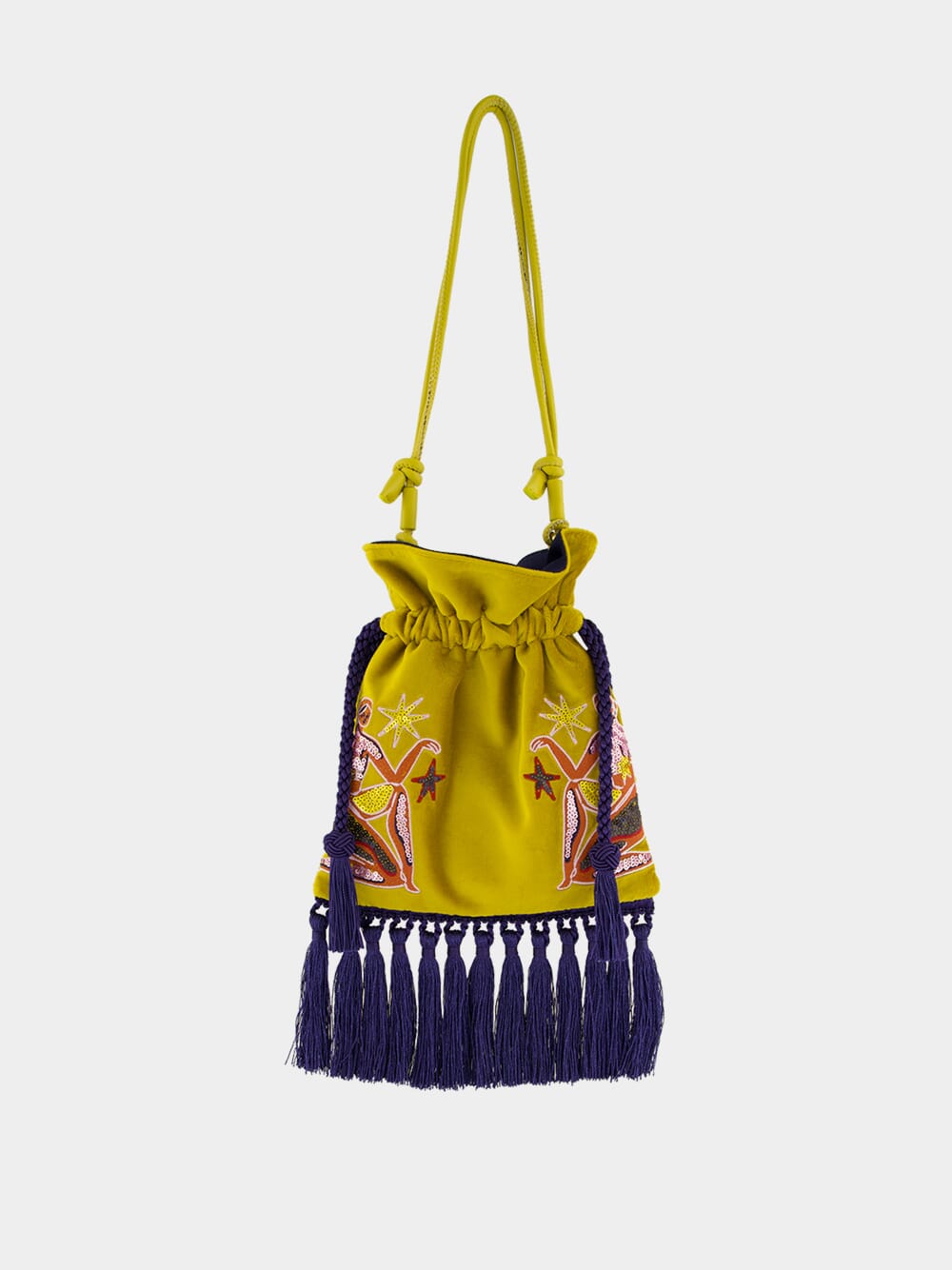 Fukuro Yellow Embroidered Velvet Bag with Tassel