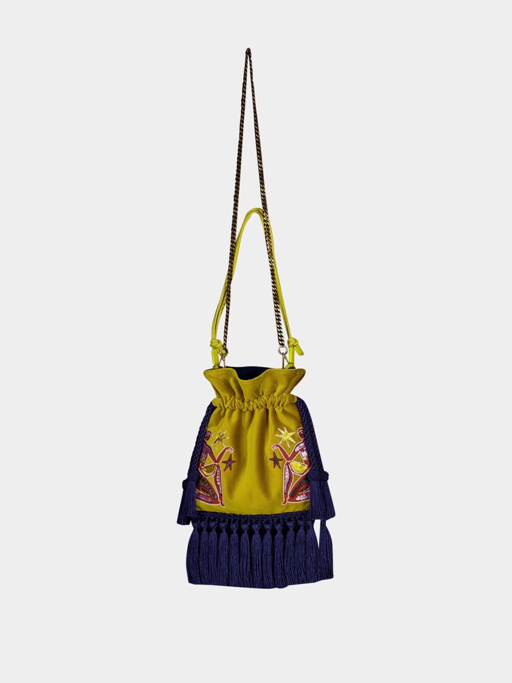 Fukuro Yellow Embroidered Velvet Bag with Tassel