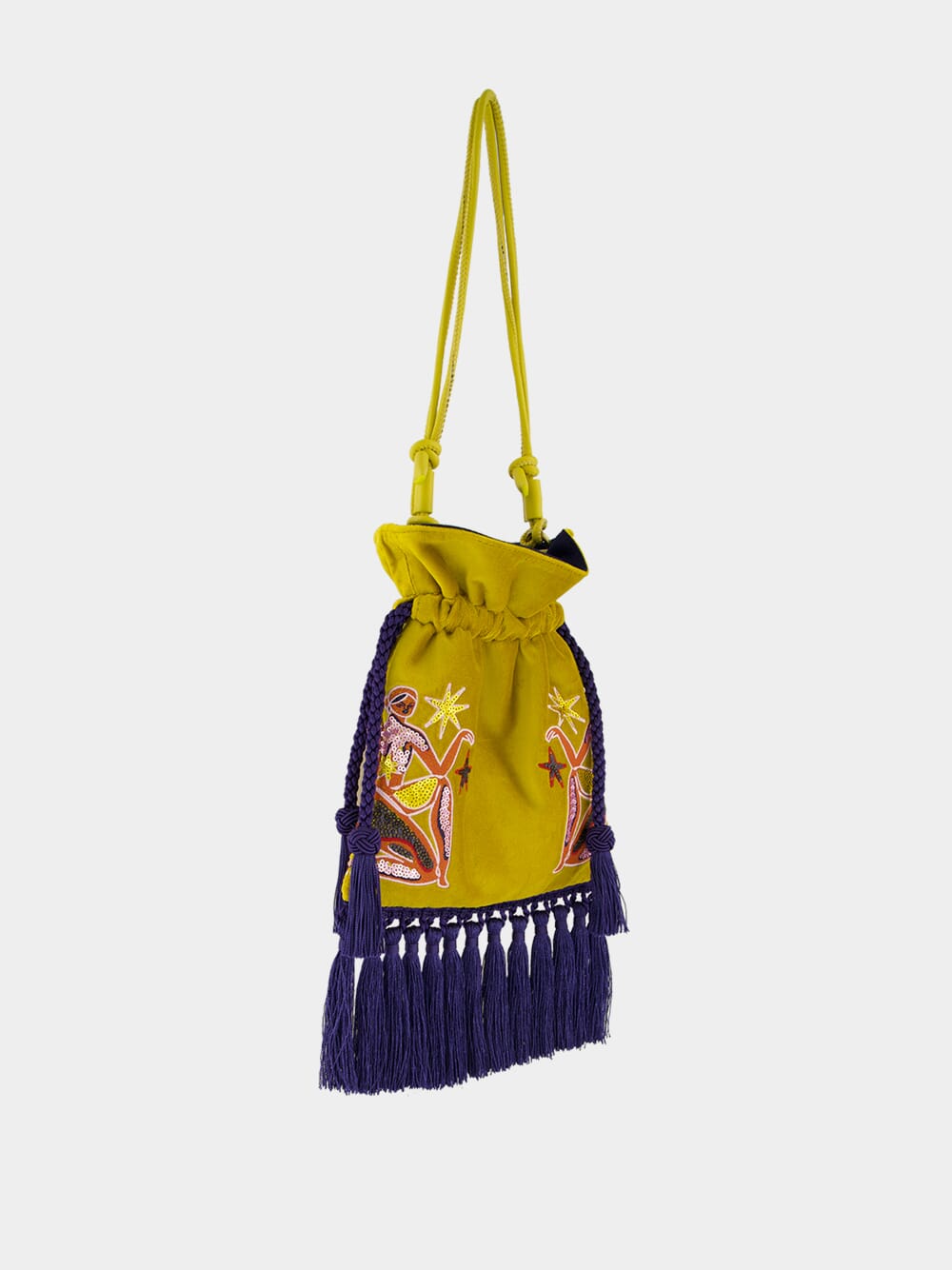 Fukuro Yellow Embroidered Velvet Bag with Tassel