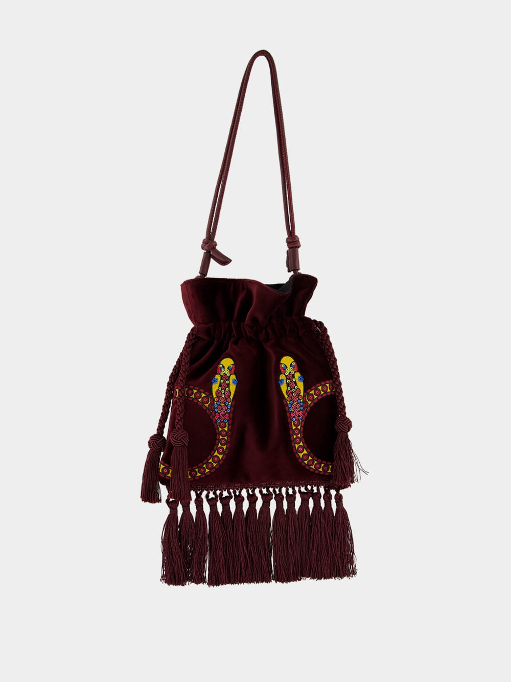 Fukuro Purple Embroidered Velvet Bag with Tassel