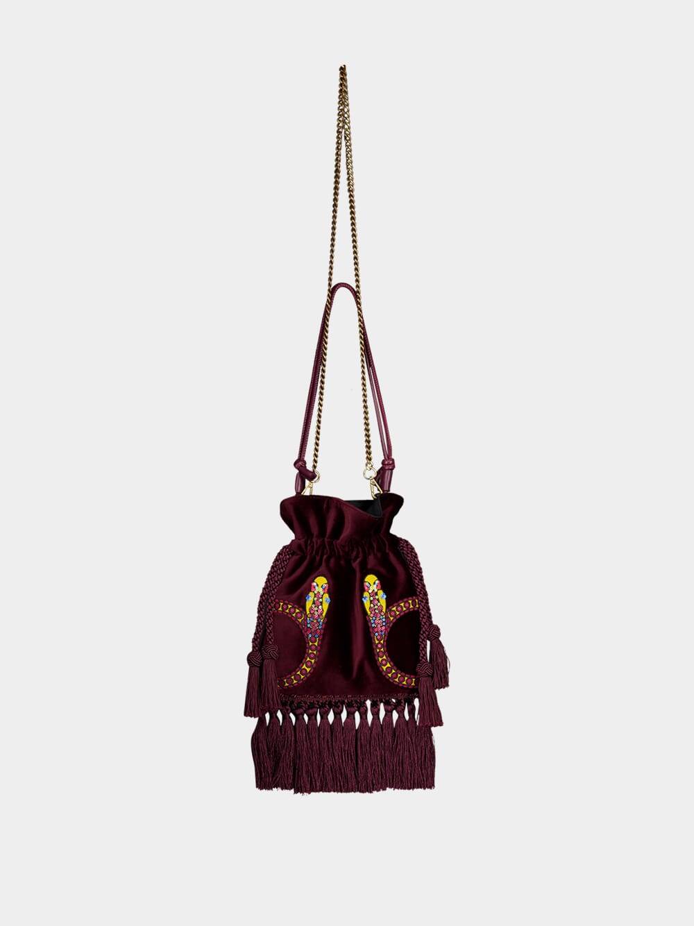 Fukuro Purple Embroidered Velvet Bag with Tassel