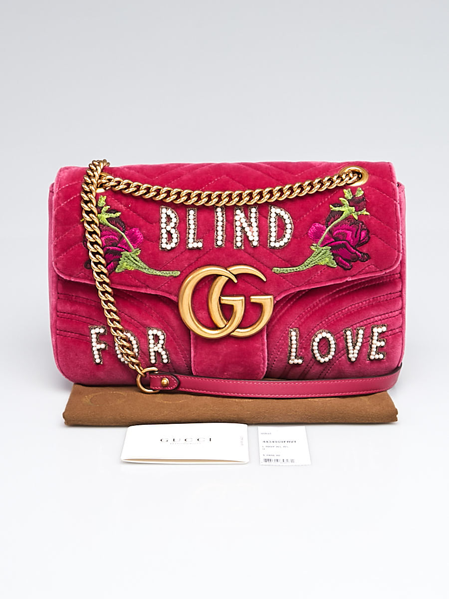 Gucci Blind For Love Pink Rose Velvet Handbag Bag Marmont GG Gold Purse Italy NEW