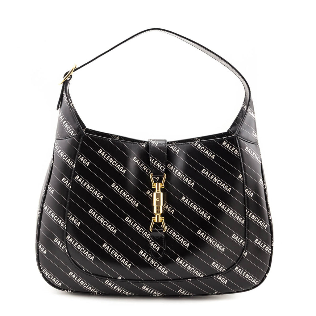 Gucci X Balenciaga Black Calfskin Logo Print Medium Jackie 1961 Hobo