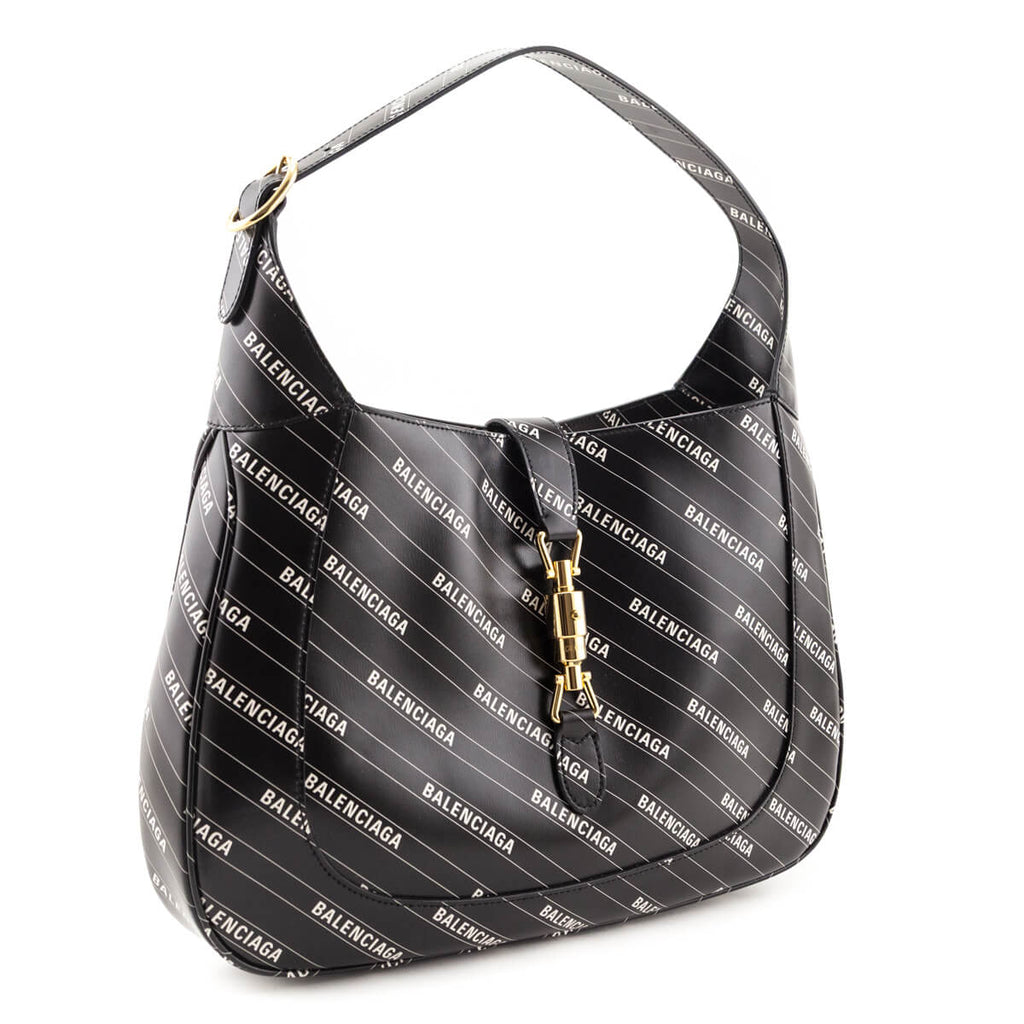 Gucci X Balenciaga Black Calfskin Logo Print Medium Jackie 1961 Hobo