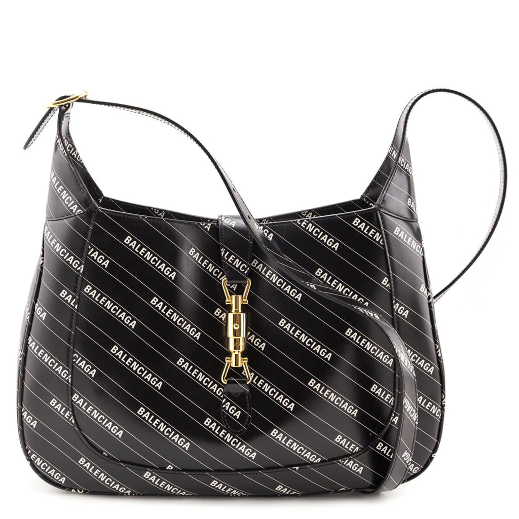 Gucci X Balenciaga Black Calfskin Logo Print Medium Jackie 1961 Hobo