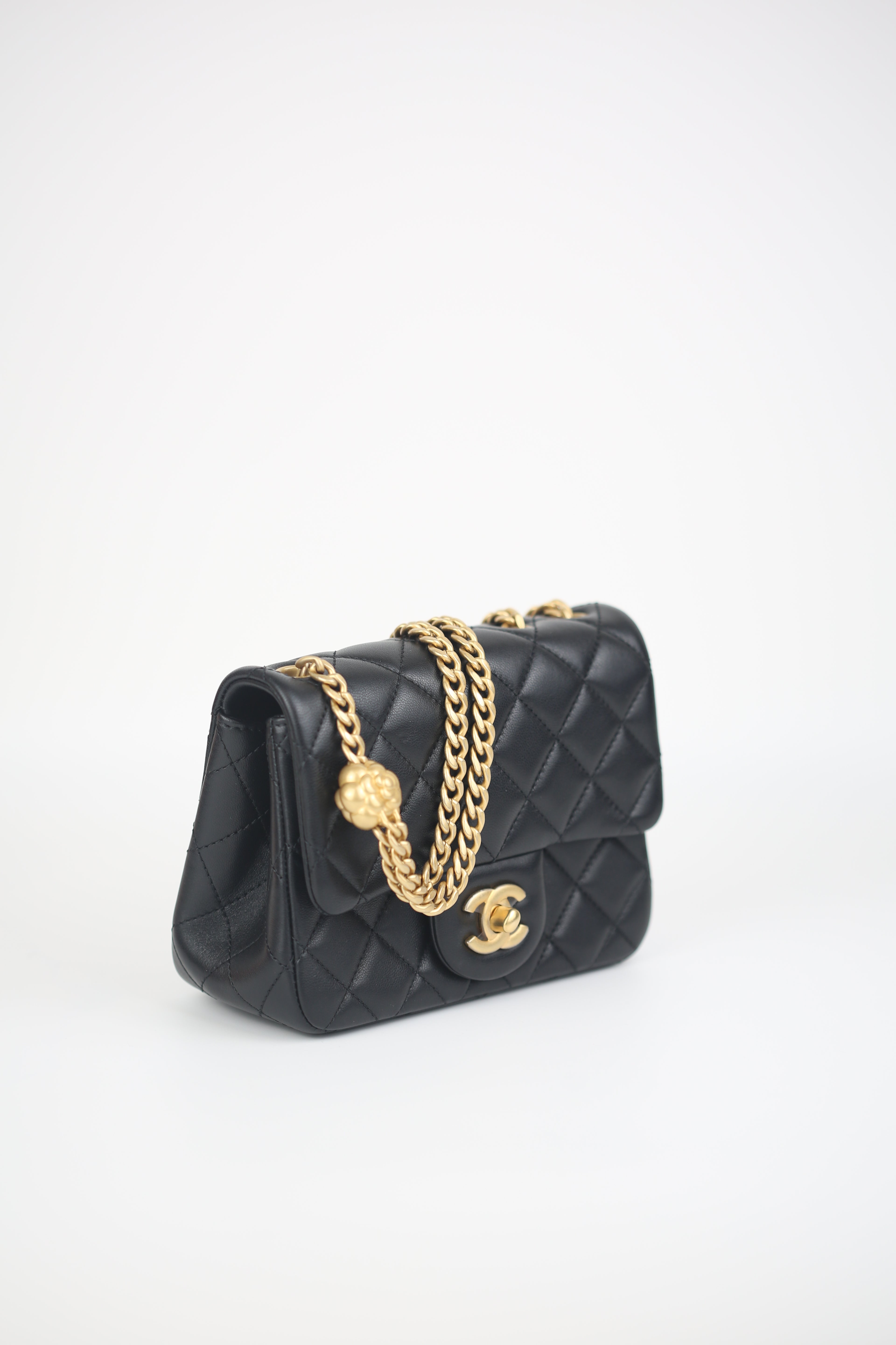 CHANEL Lambskin Quilted Mini Sweet Camellia Flap Black
