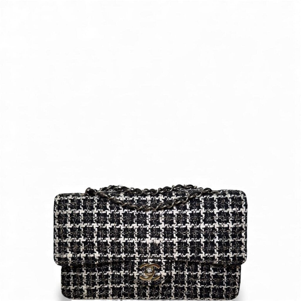 Chanel Tweed Classic Double Flap Bag Silver Hardware Black and White Medium