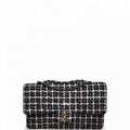 Chanel Tweed Classic Double Flap Bag Silver Hardware Black and White Medium