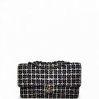 Chanel Tweed Classic Double Flap Bag Silver Hardware Black and White Medium