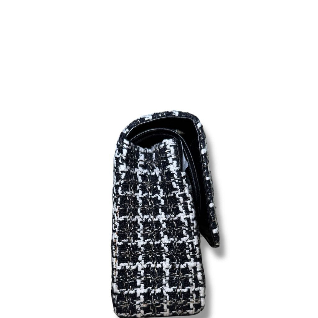 Chanel Tweed Classic Double Flap Bag Silver Hardware Black and White Medium