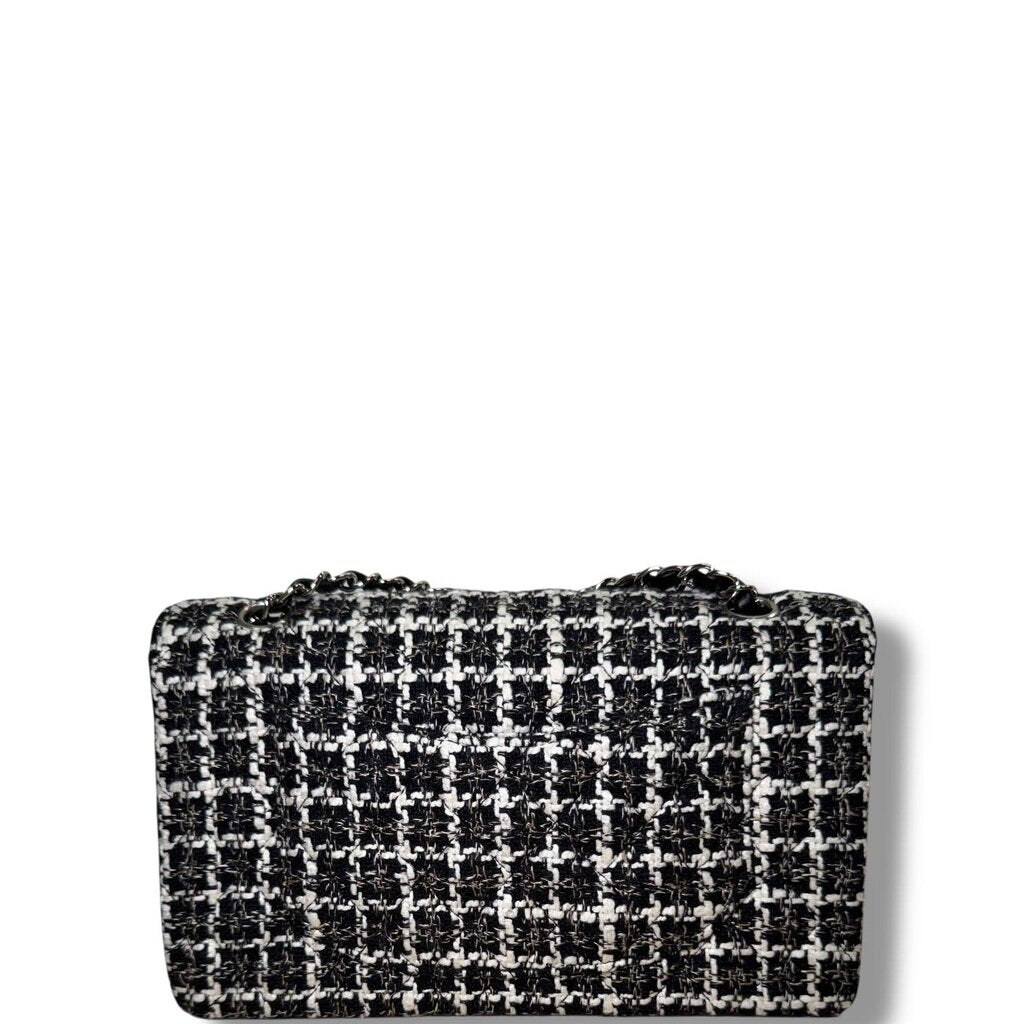 Chanel Tweed Classic Double Flap Bag Silver Hardware Black and White Medium