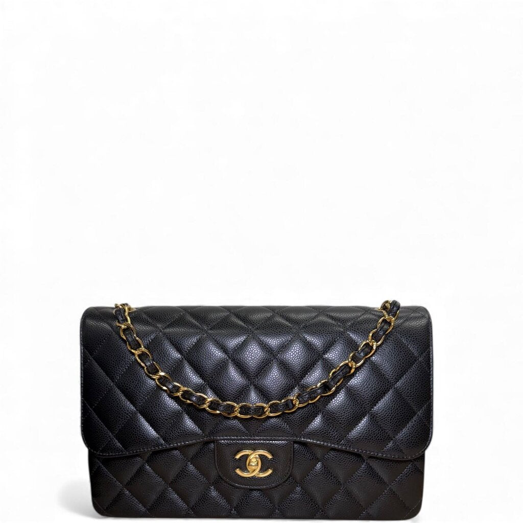 Chanel Caviar Double Flap Shoulder Bag Black Jumbo