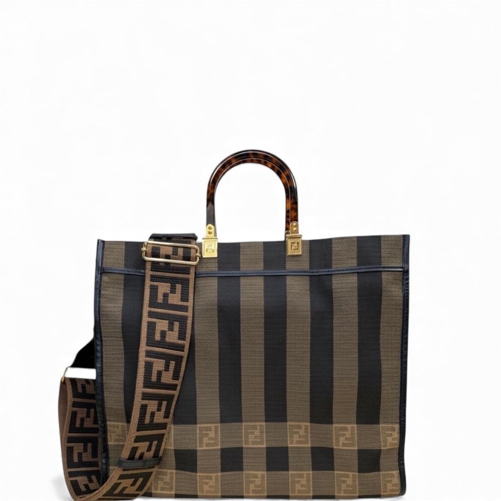 Fendi FF Sunshine Pequin Bucket Tote Bag Brown Large