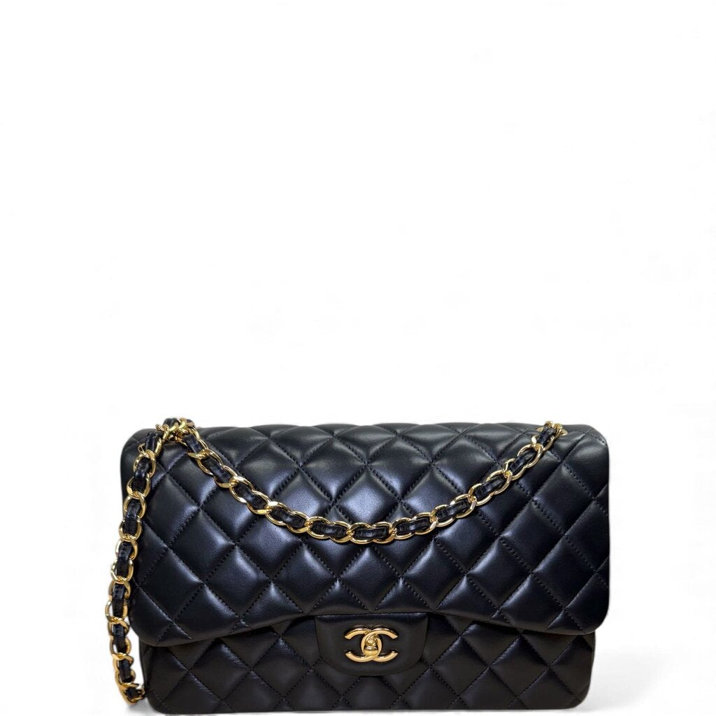 Chanel Double Flap Lambskin Shoulder Bag Black Jumbo