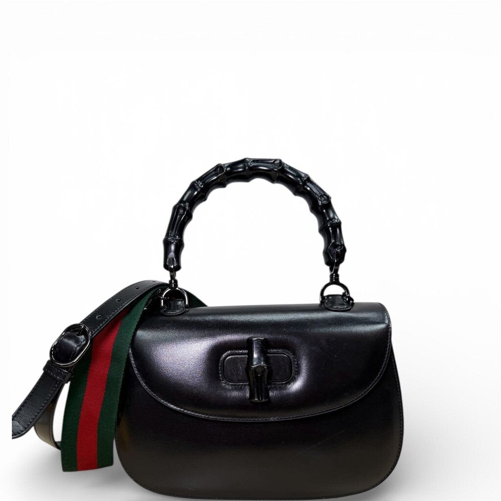 Gucci Boarded Dyana Lux Calfskin Web Bamboo 1947 Top Handle Bag Black Medium