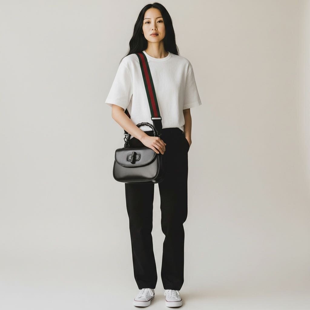 Gucci Boarded Dyana Lux Calfskin Web Bamboo 1947 Top Handle Bag Black Medium