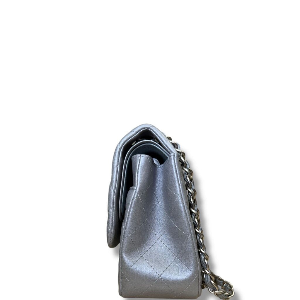 Chanel Lambskin Metallic Double Flap Leather Shoulder Silver Jumbo