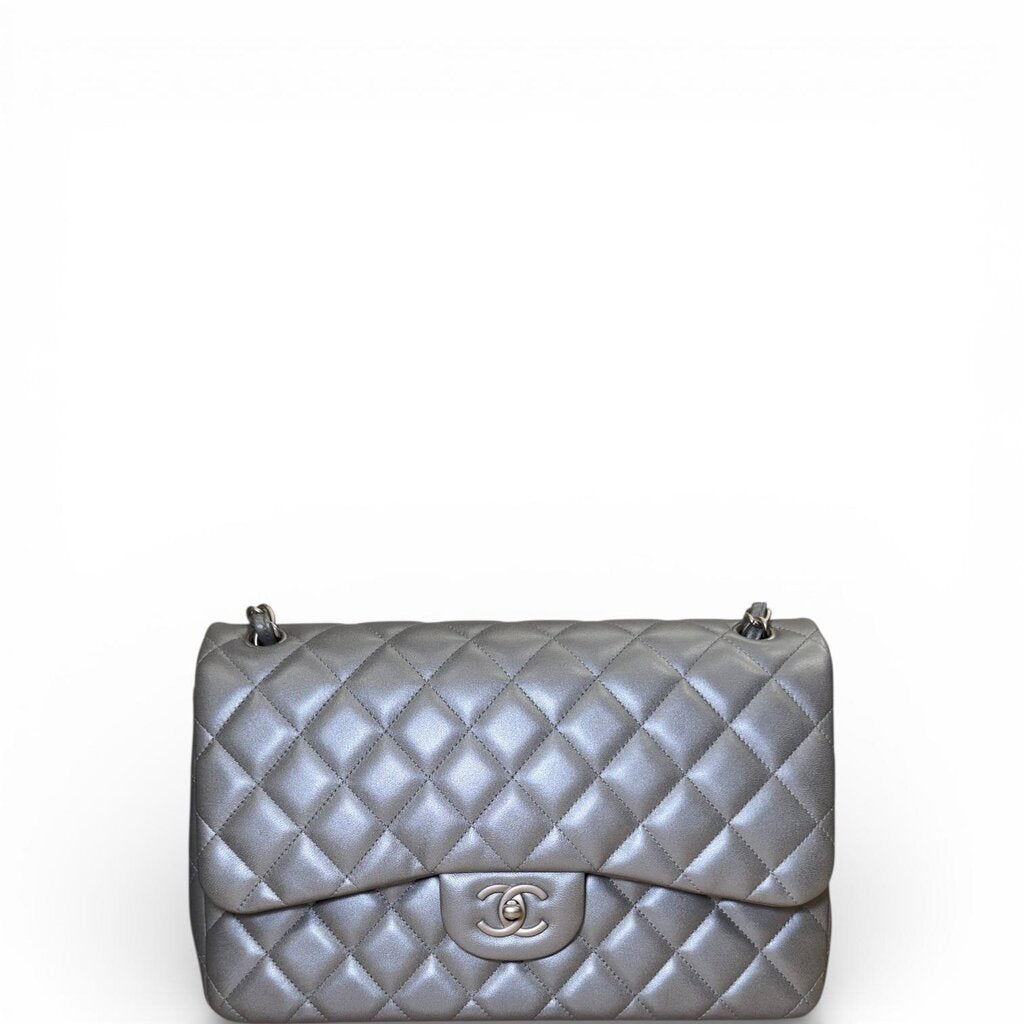 Chanel Lambskin Metallic Double Flap Leather Shoulder Silver Jumbo