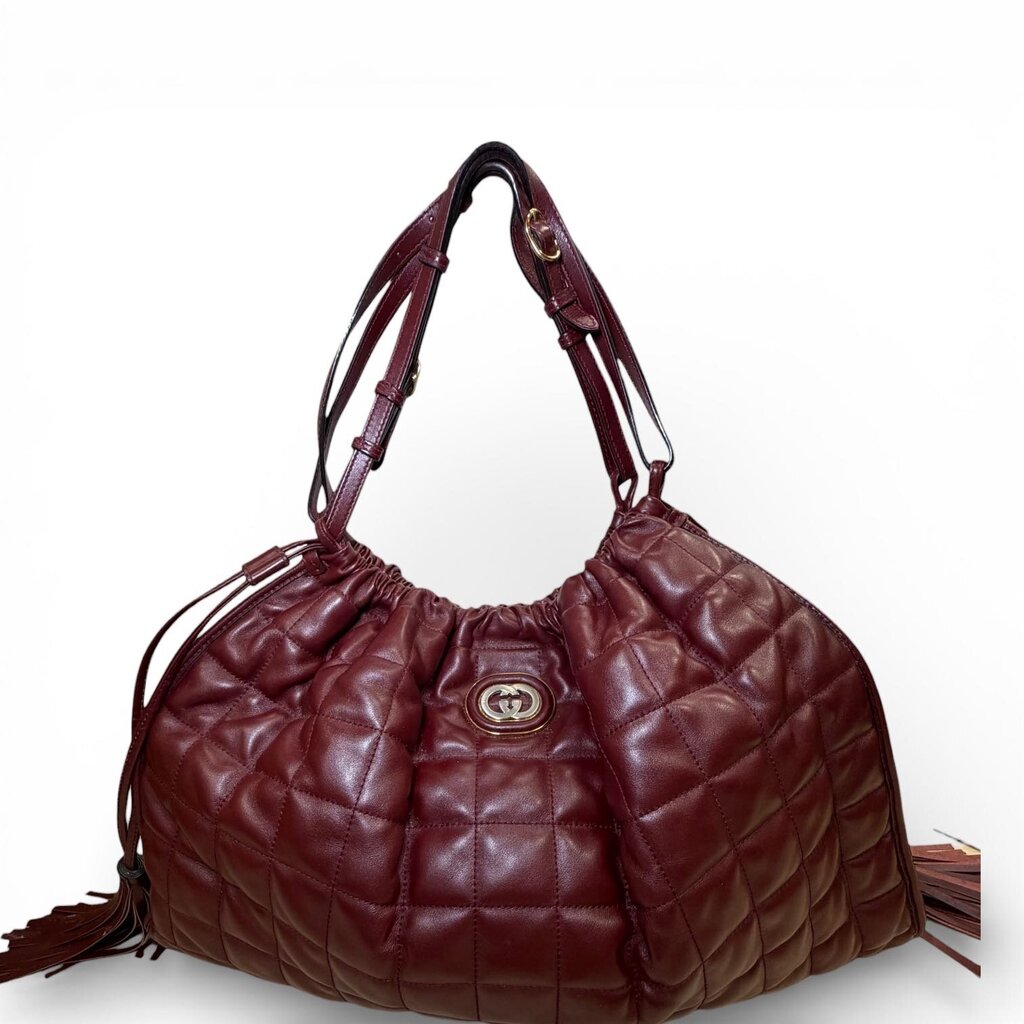 Gucci Calfskin Quilted Deco Tote Bag Bordeaux Medium