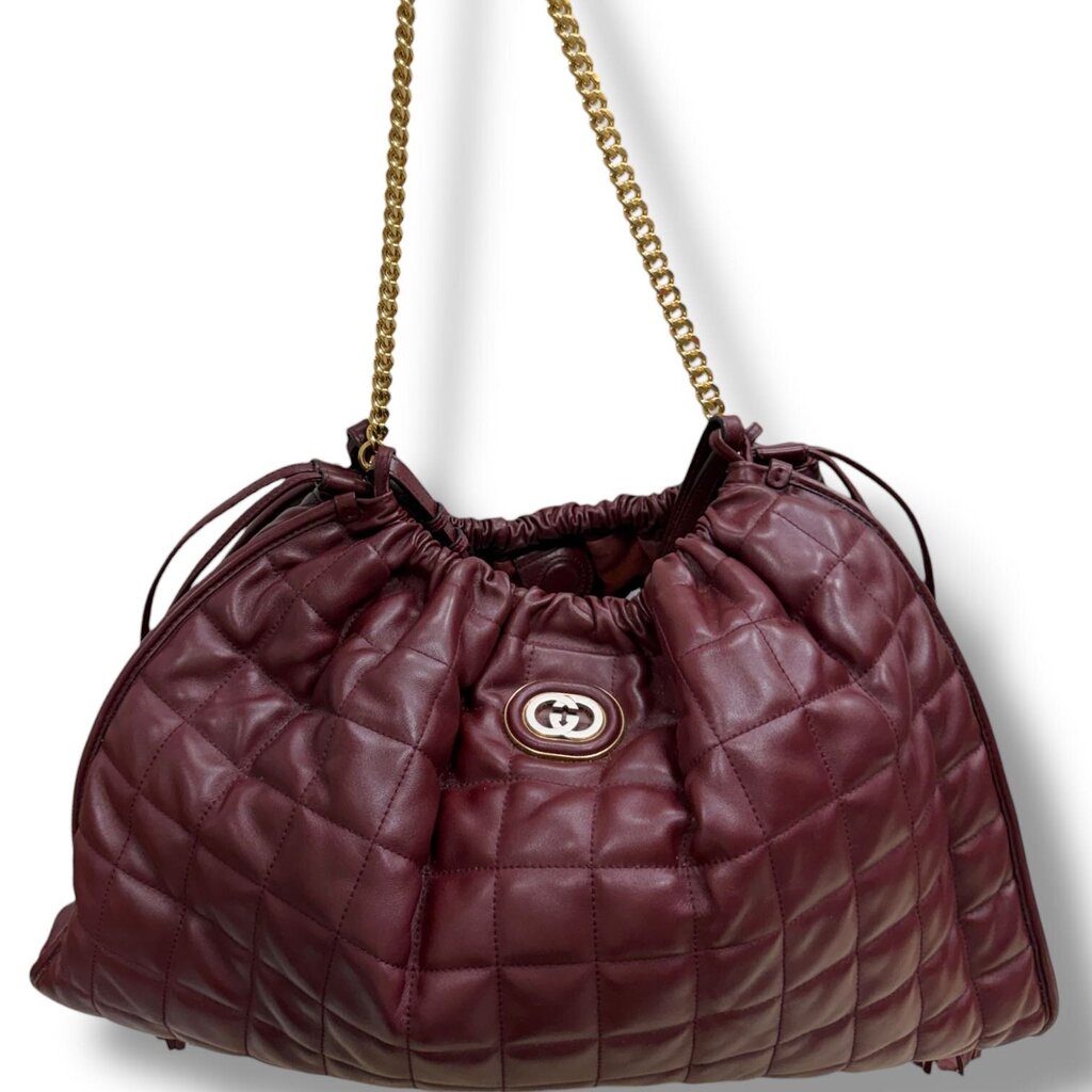Gucci Calfskin Quilted Deco Tote Bag Bordeaux Medium