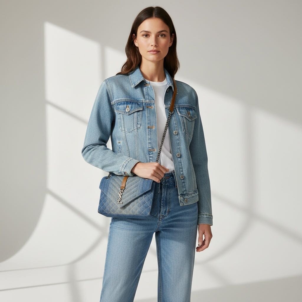Saint Laurent Textured Envelope Mixed Matelasse Triquilt Shoulder Bag Denim Medium