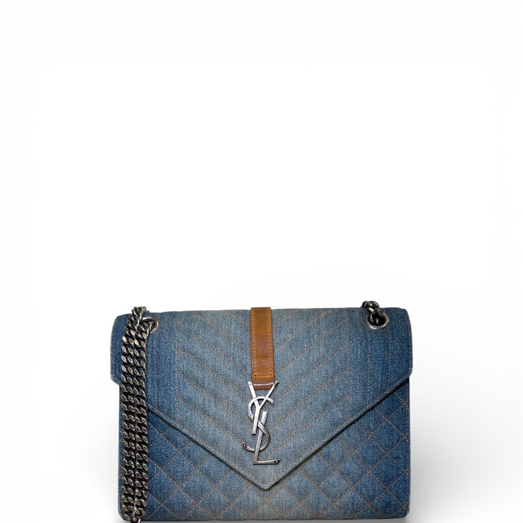 Saint Laurent Textured Envelope Mixed Matelasse Triquilt Shoulder Bag Denim Medium