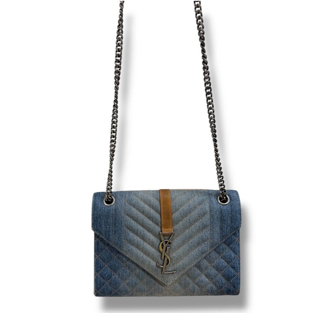 Saint Laurent Textured Envelope Mixed Matelasse Triquilt Shoulder Bag Denim Medium