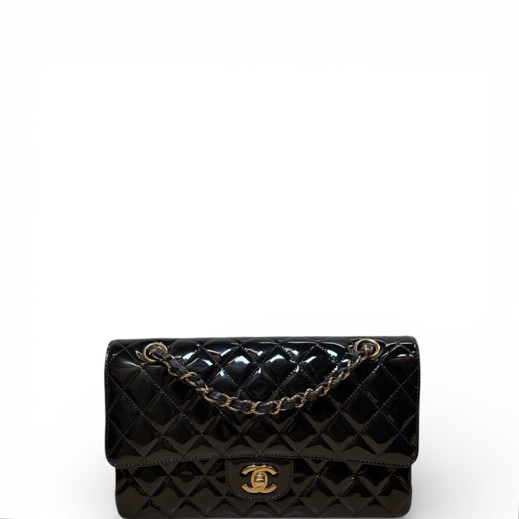 Chanel Classic Double Flap Patent Bag Gold Hardware Black Medium