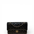 Chanel Classic Double Flap Patent Bag Gold Hardware Black Medium