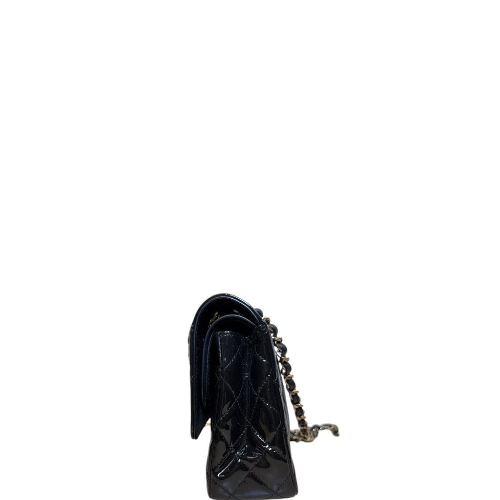 Chanel Classic Double Flap Patent Bag Gold Hardware Black Medium