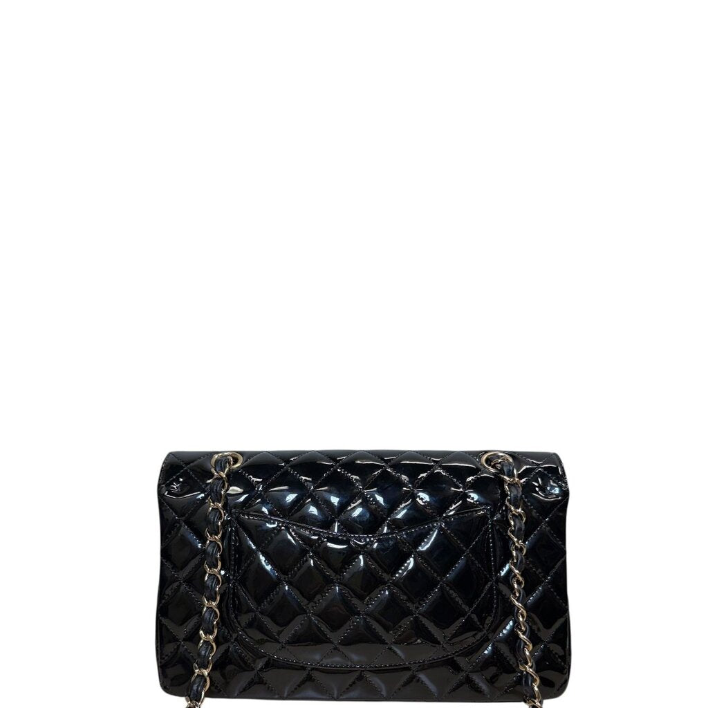 Chanel Classic Double Flap Patent Bag Gold Hardware Black Medium